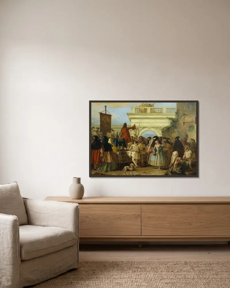 The Charlatan av Giovanni Domenico Tiepolo inramad på en vägg
