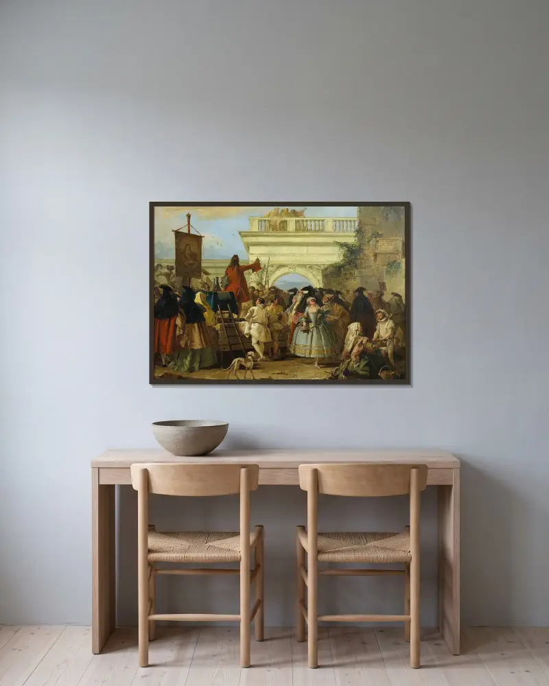 The Charlatan av Giovanni Domenico Tiepolo inramad på en vägg
