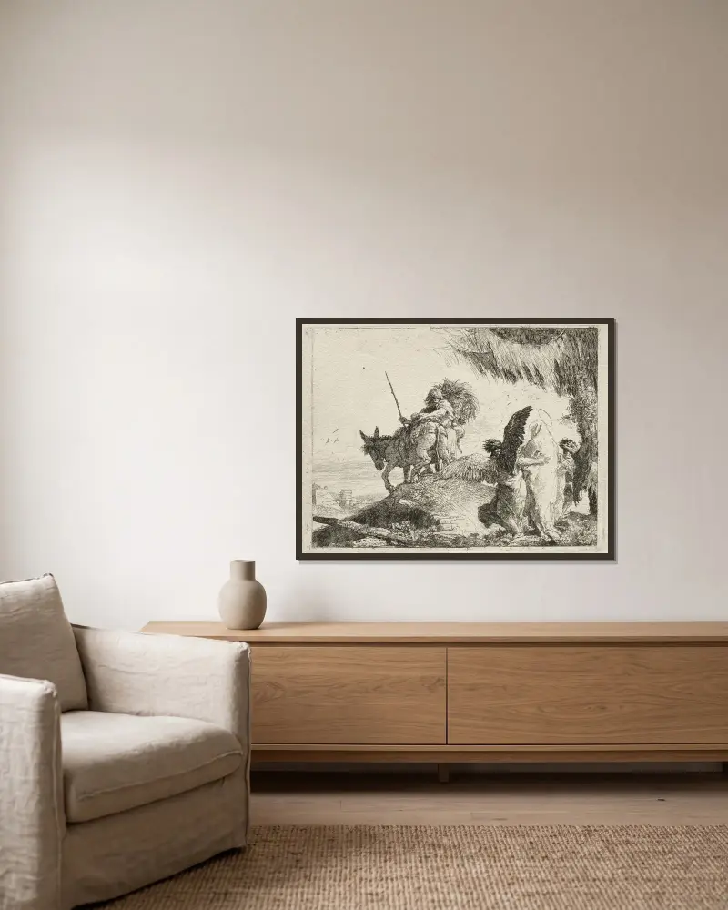 Flykten med Madonnan till höger, stödd av änglar av Giovanni Domenico Tiepolo inramad på en vägg