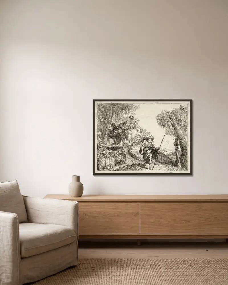 Den heliga familjen och fårflocken av Giovanni Domenico Tiepolo inramad på en vägg