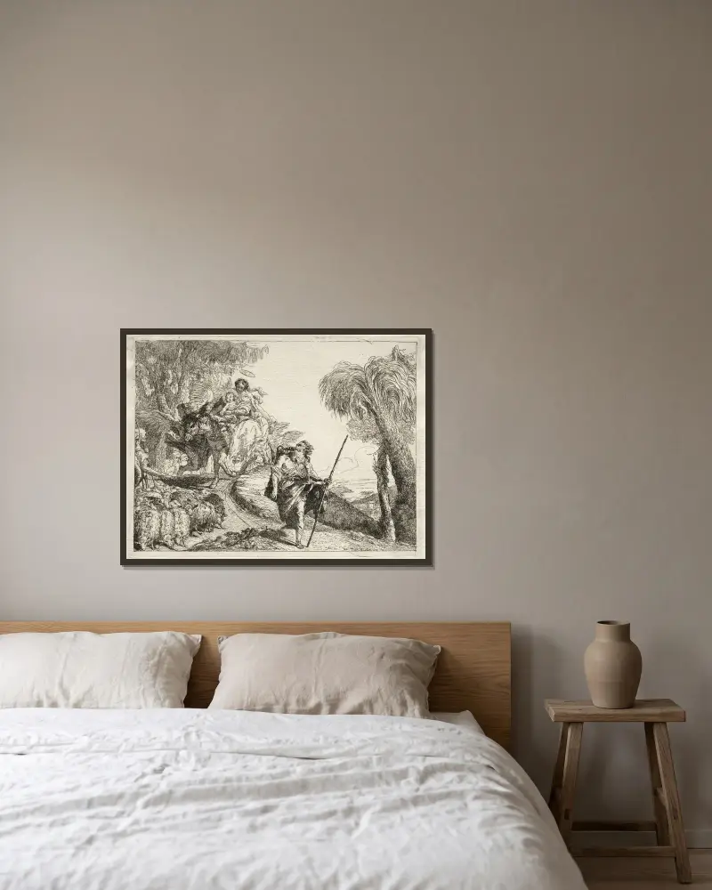 Den heliga familjen och fårflocken av Giovanni Domenico Tiepolo inramad på en vägg