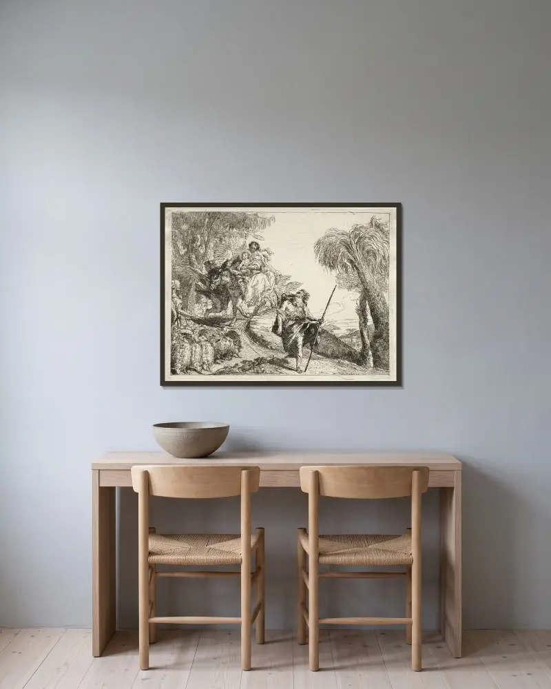 Den heliga familjen och fårflocken av Giovanni Domenico Tiepolo inramad på en vägg
