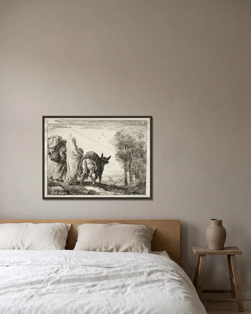 Den heliga familjen på väg mot en by av Giovanni Domenico Tiepolo inramad på en vägg