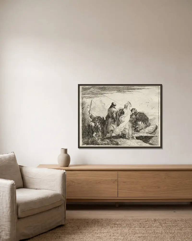 Święta Rodzina opuszczająca brzeg, Giovanni Domenico Tiepolo w ramie na ścianie