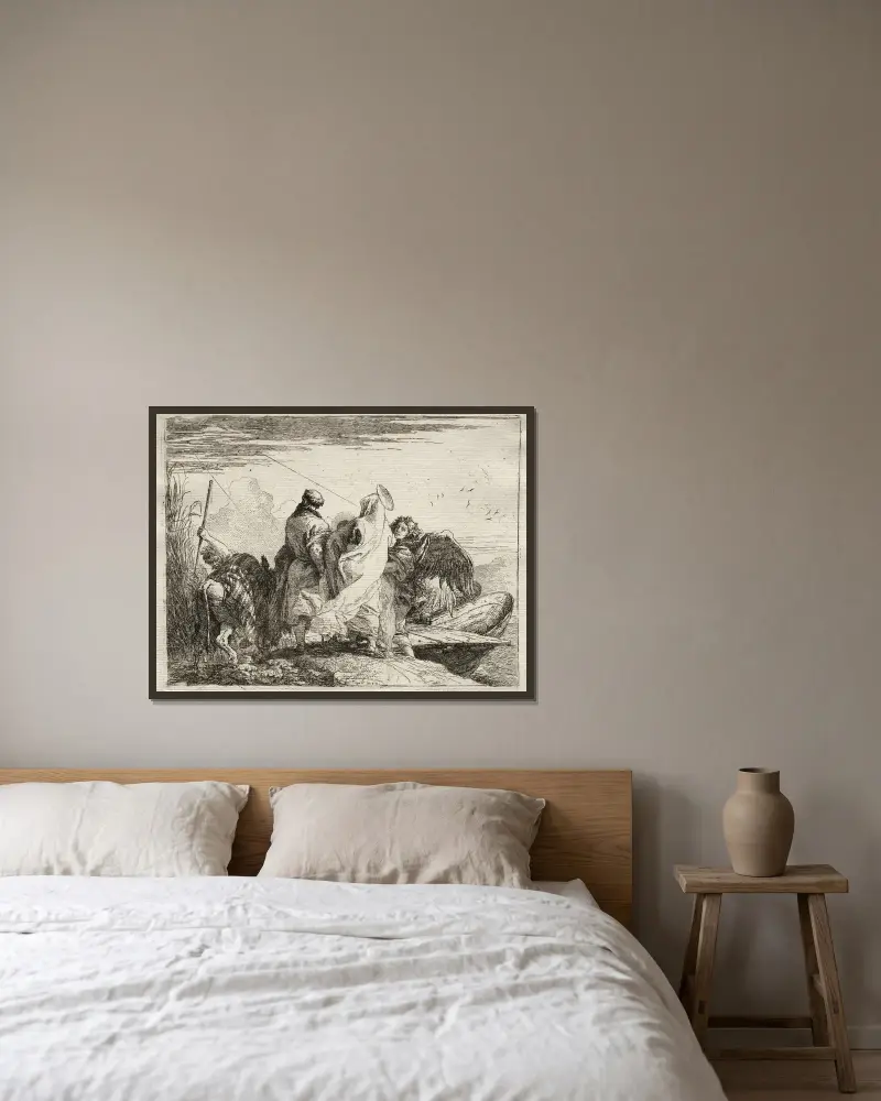 Święta Rodzina opuszczająca brzeg, Giovanni Domenico Tiepolo w ramie na ścianie