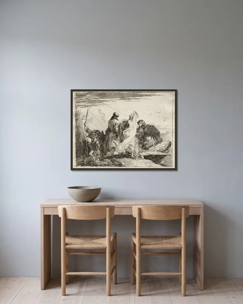 Święta Rodzina opuszczająca brzeg, Giovanni Domenico Tiepolo w ramie na ścianie