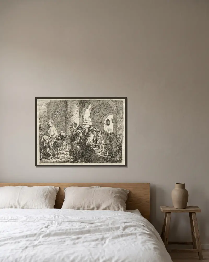Den heliga familjen passerar under en valvbåge av Giovanni Domenico Tiepolo inramad på en vägg