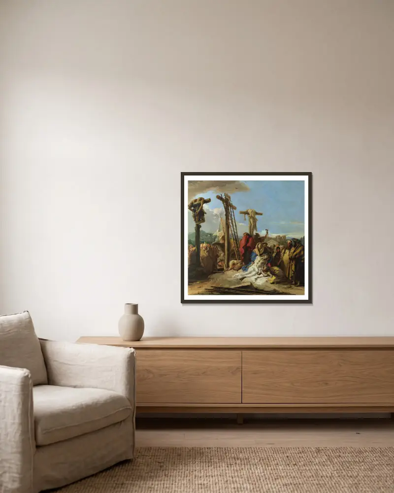 Die Beweinung am Fuße des Kreuzes von Giovanni Domenico Tiepolo gerahmt an einer Wand