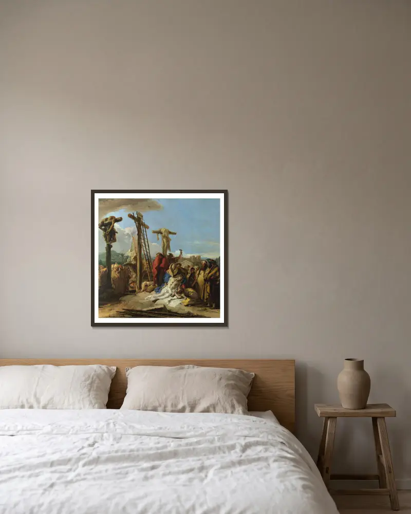 Die Beweinung am Fuße des Kreuzes von Giovanni Domenico Tiepolo gerahmt an einer Wand