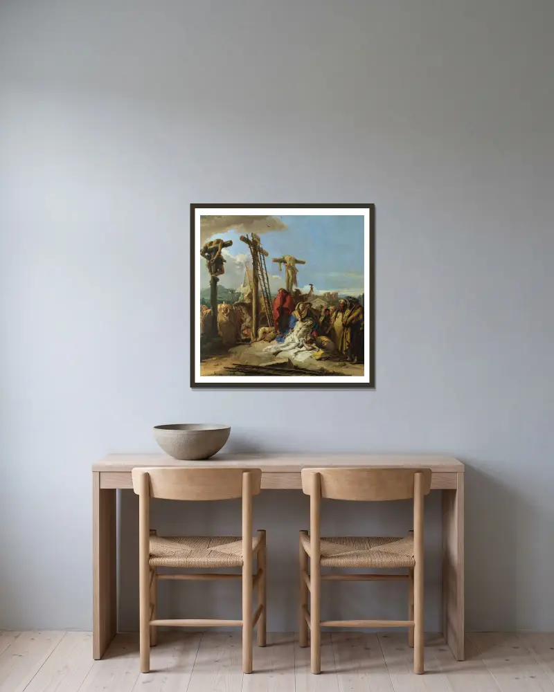 Die Beweinung am Fuße des Kreuzes von Giovanni Domenico Tiepolo gerahmt an einer Wand