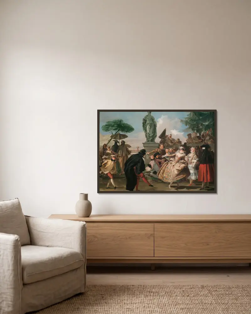 Das Menuett von Giovanni Domenico Tiepolo gerahmt an einer Wand
