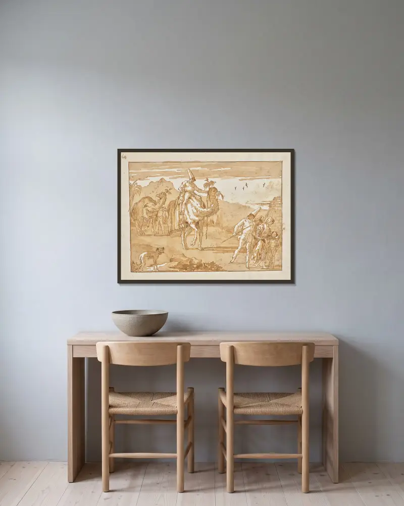 Der Punchinello reitet auf einem Kamel an der Spitze einer Karawane von Giovanni Domenico Tiepolo gerahmt an einer Wand
