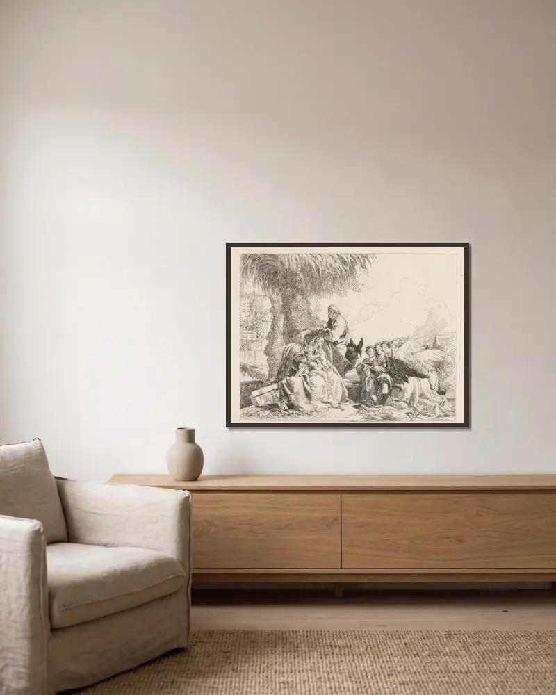Ruhe auf der Flucht mit anbetenden Engeln von Giovanni Domenico Tiepolo gerahmt an einer Wand