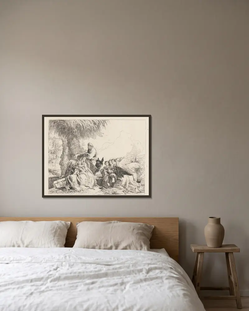 Ruhe auf der Flucht mit anbetenden Engeln von Giovanni Domenico Tiepolo gerahmt an einer Wand