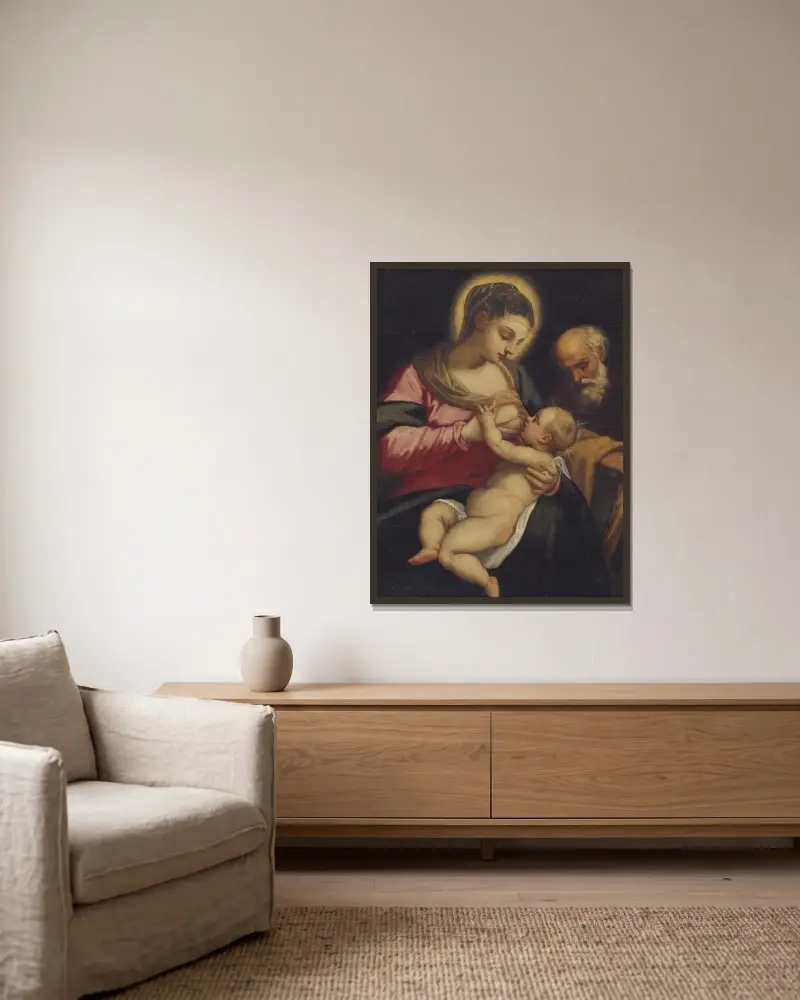 Den heliga familjen av Domenico Tintoretto inramad på en vägg