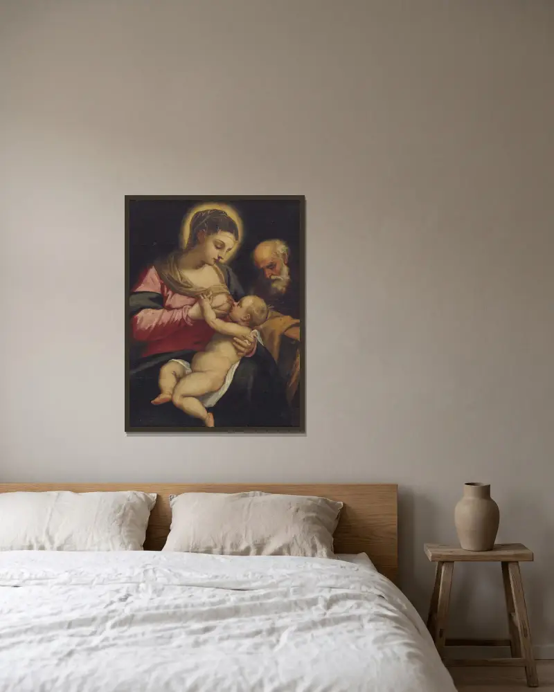 Den heliga familjen av Domenico Tintoretto inramad på en vägg
