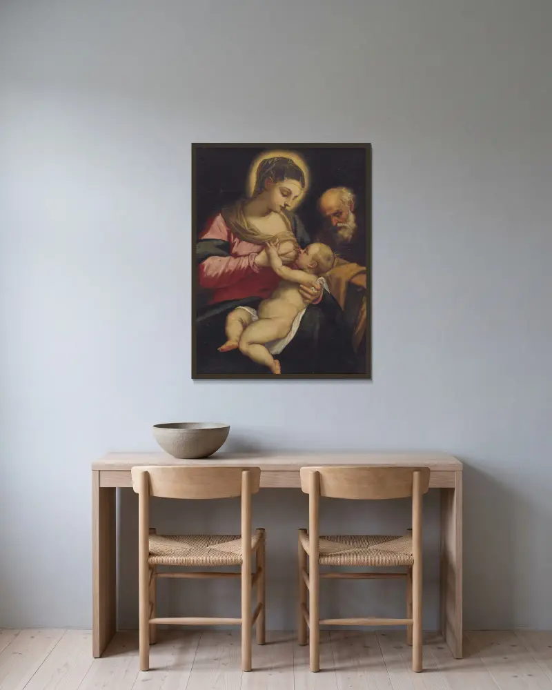 Den heliga familjen av Domenico Tintoretto inramad på en vägg