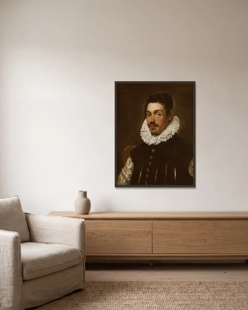 Portrait of a Gentleman av Domenico Tintoretto inramad på en vägg
