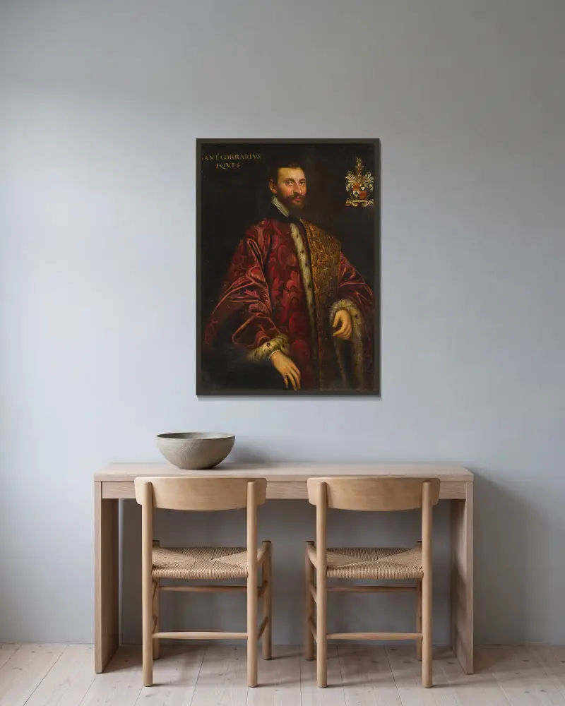 Porträtt av en venetiansk senator, möjligen Marc Antonio Correr av Domenico Tintoretto inramad på en vägg