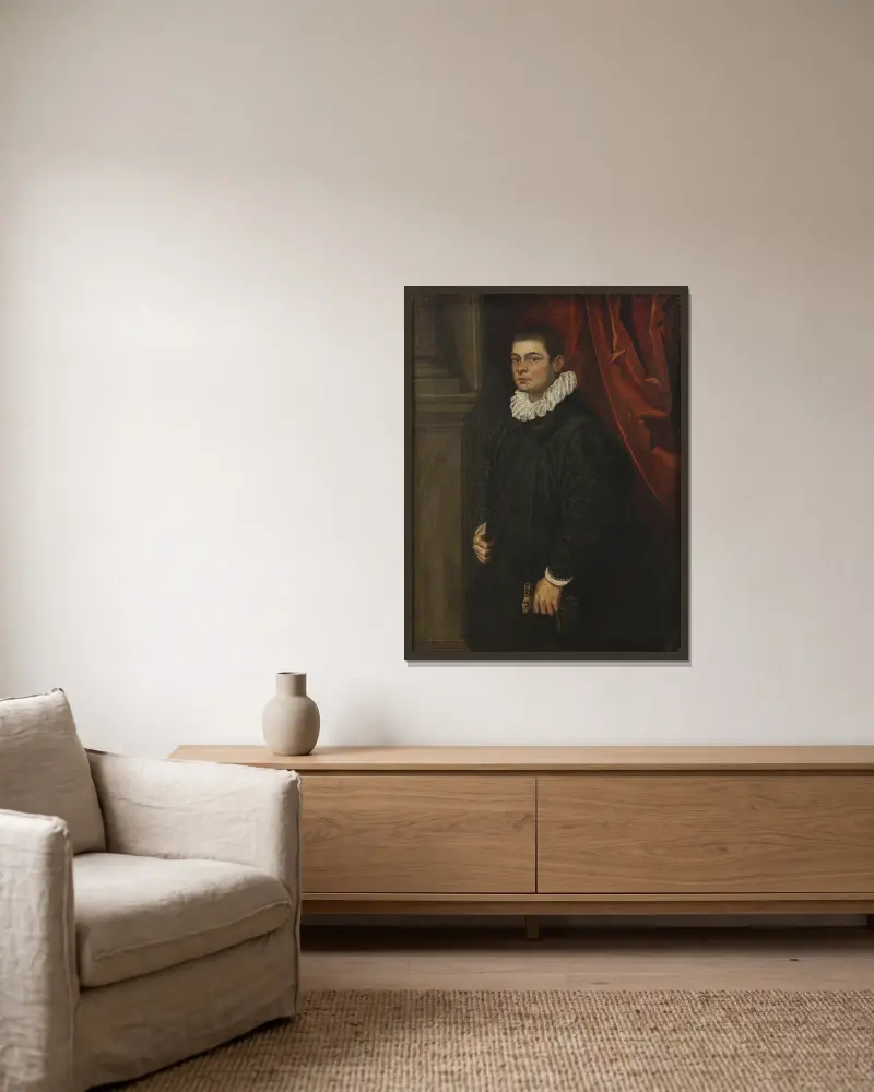 Porträtt av en ung man av Domenico Tintoretto inramad på en vägg