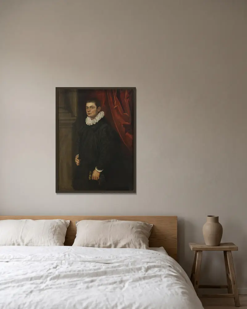 Porträtt av en ung man av Domenico Tintoretto inramad på en vägg