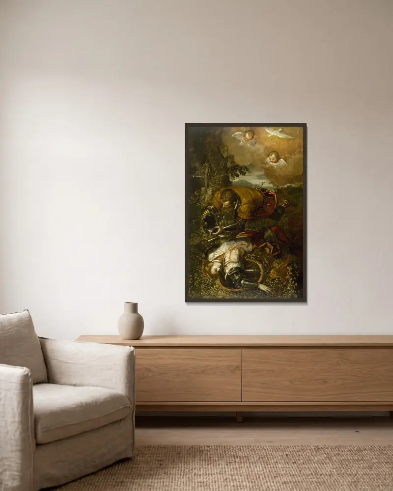 Tancred Baptizing Clorinda av Domenico Tintoretto inramad på en vägg