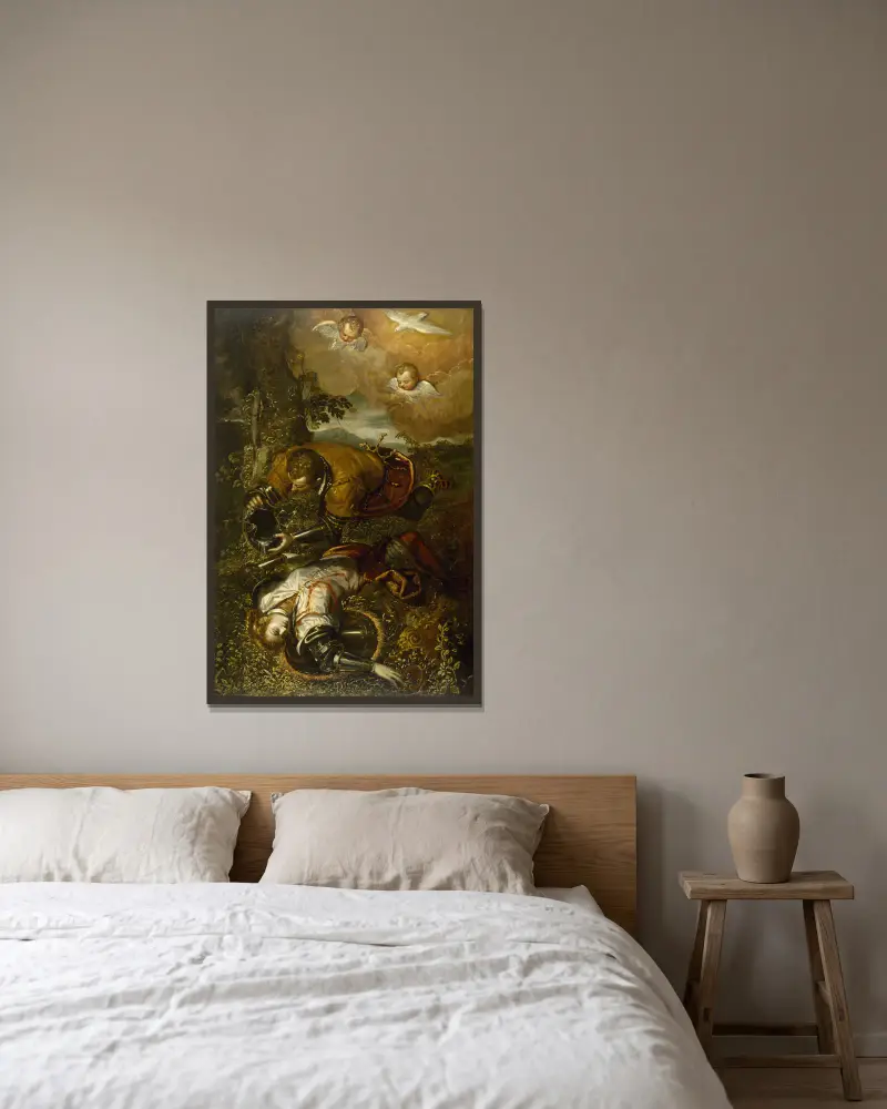 Tancred Baptizing Clorinda av Domenico Tintoretto inramad på en vägg