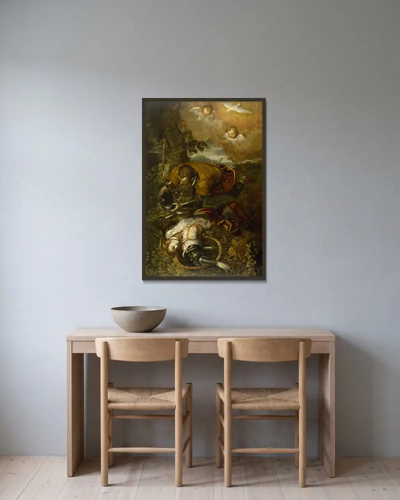 Tancred Baptizing Clorinda av Domenico Tintoretto inramad på en vägg