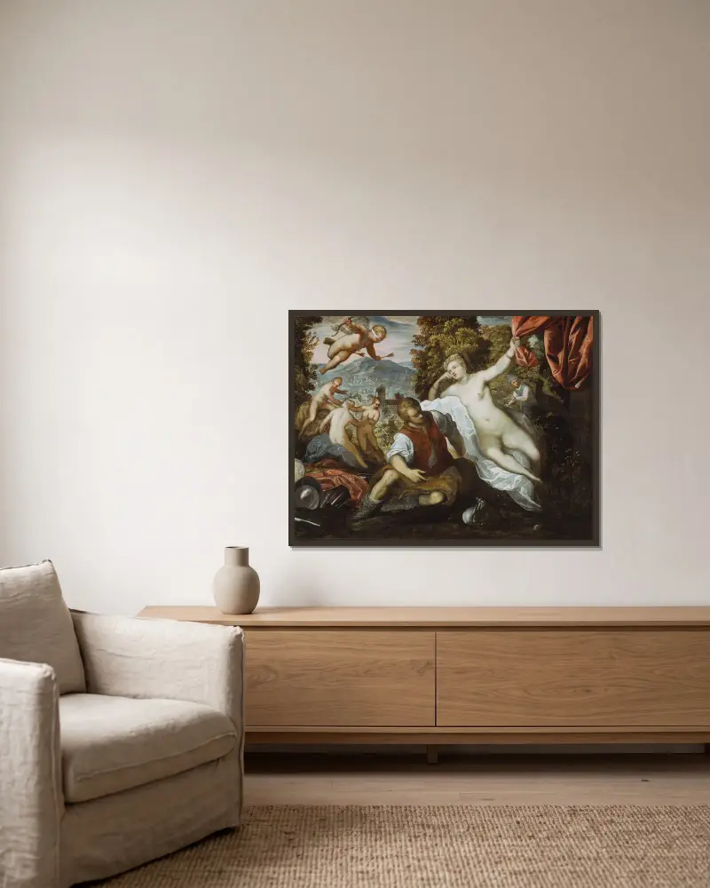 Venus och Mars med Cupido och de tre gracerna i ett landskap av Domenico Tintoretto inramad på en vägg