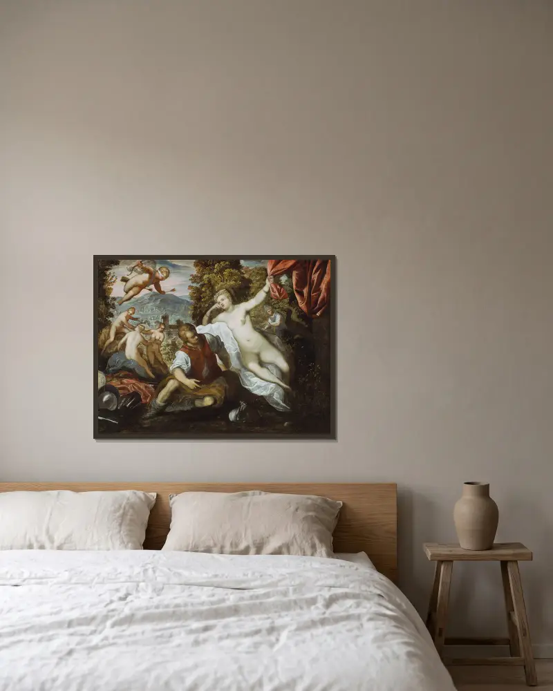 Venus och Mars med Cupido och de tre gracerna i ett landskap av Domenico Tintoretto inramad på en vägg