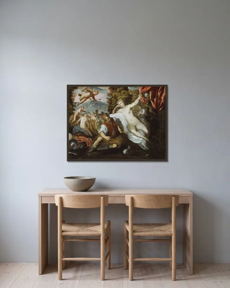 Venus och Mars med Cupido och de tre gracerna i ett landskap av Domenico Tintoretto inramad på en vägg