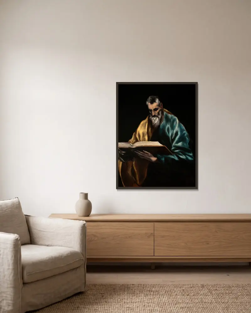 Aposteln Simon av El Greco (Domenikos Theotokopoulos) inramad på en vägg