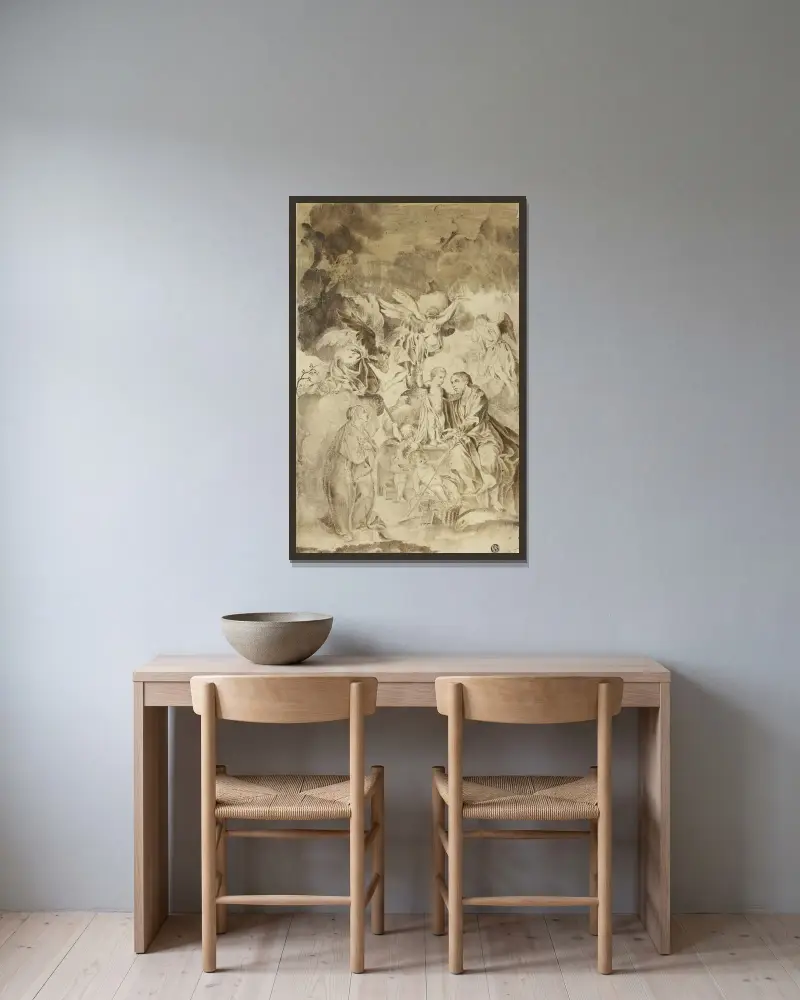 Syn av Kristusbarnet och Josef av El Greco (Domenikos Theotokopoulos) inramad på en vägg