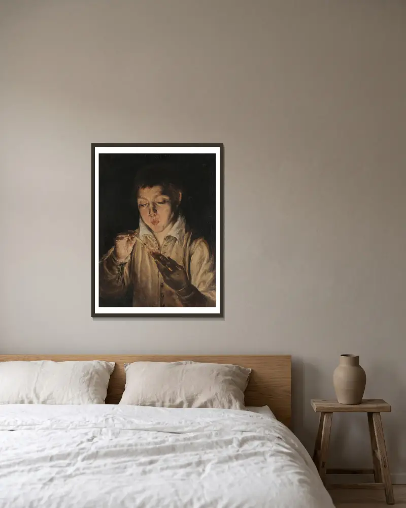 Pojke som blåser på en glödhög av El Greco (Domenikos Theotokopoulos) inramad på en vägg