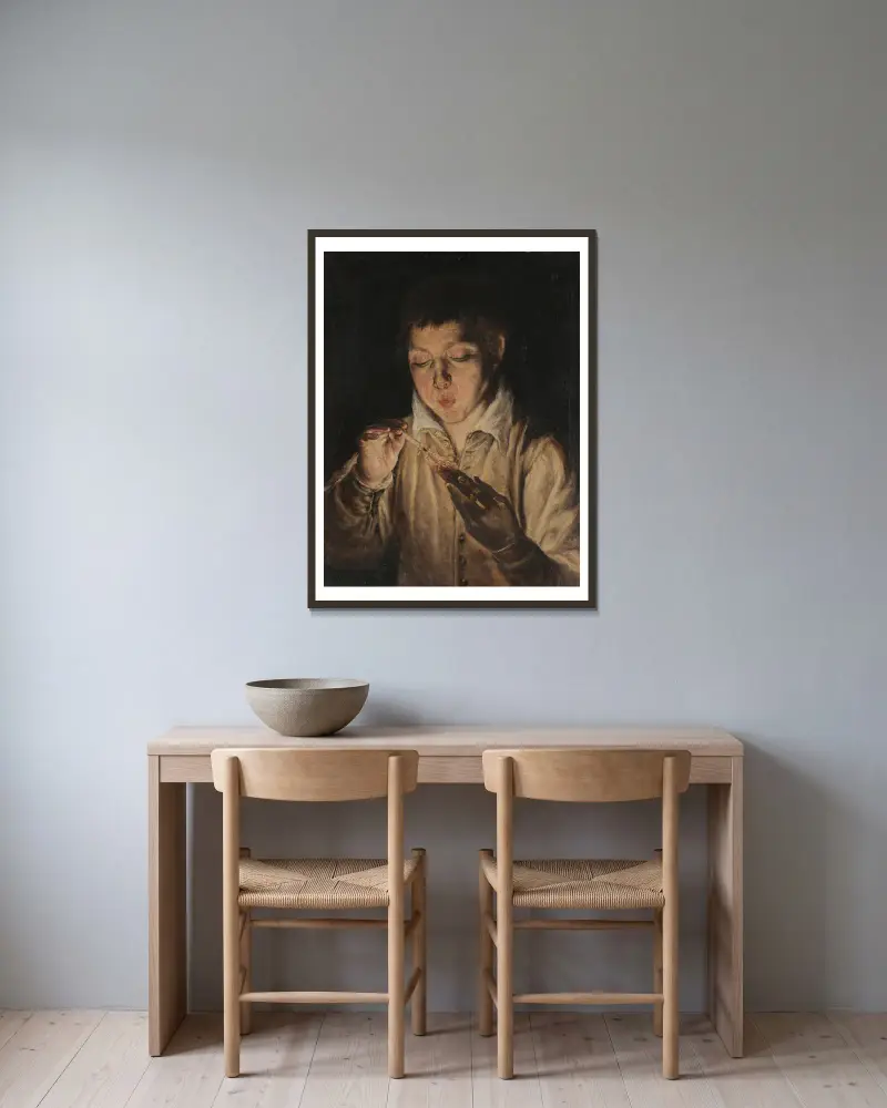 Pojke som blåser på en glödhög av El Greco (Domenikos Theotokopoulos) inramad på en vägg