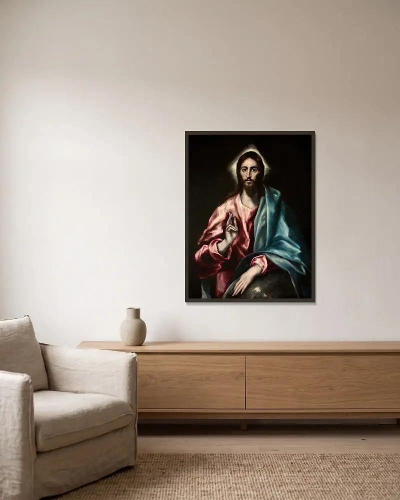 Kristus som frälsare av El Greco (Domenikos Theotokopoulos) inramad på en vägg
