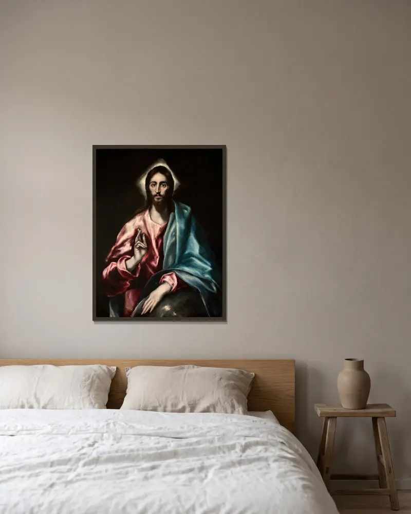 Kristus som frälsare av El Greco (Domenikos Theotokopoulos) inramad på en vägg