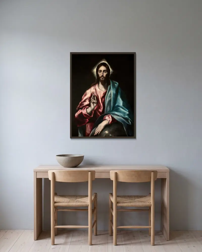 Kristus som frälsare av El Greco (Domenikos Theotokopoulos) inramad på en vägg