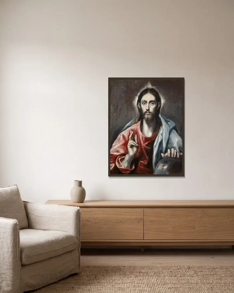 Chrystus błogosławiący („Zbawiciel świata”), El Greco (Domenikos Theotokopoulos) w ramie na ścianie