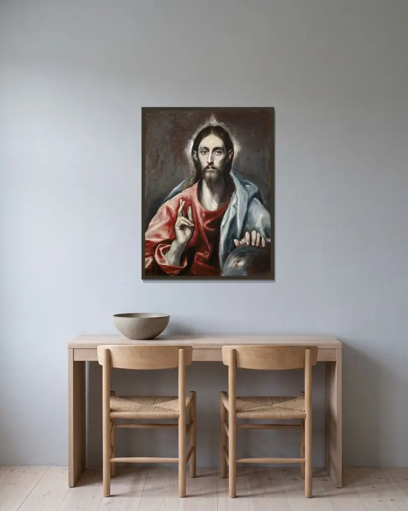 Chrystus błogosławiący („Zbawiciel świata”), El Greco (Domenikos Theotokopoulos) w ramie na ścianie
