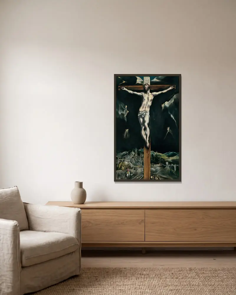 Kristus korsfäst med Toledo i bakgrunden av El Greco (Domenikos Theotokopoulos) inramad på en vägg