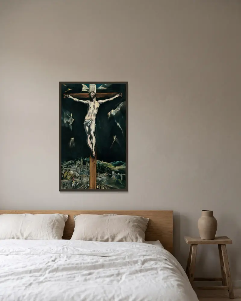 Kristus korsfäst med Toledo i bakgrunden av El Greco (Domenikos Theotokopoulos) inramad på en vägg