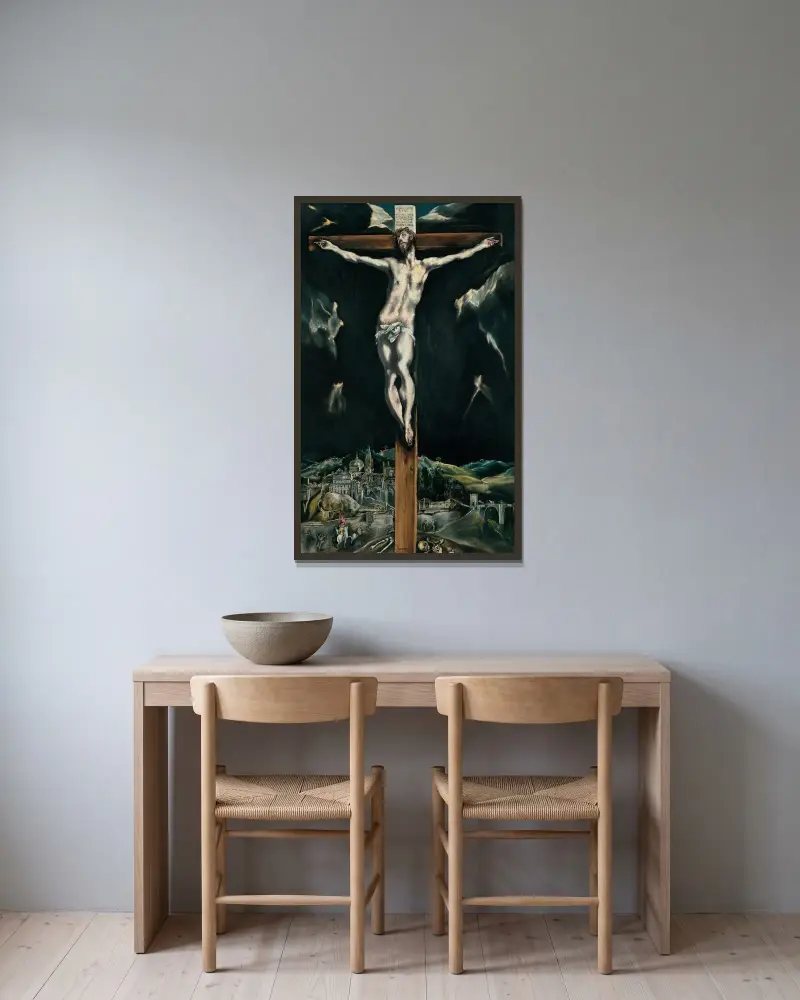Kristus korsfäst med Toledo i bakgrunden av El Greco (Domenikos Theotokopoulos) inramad på en vägg