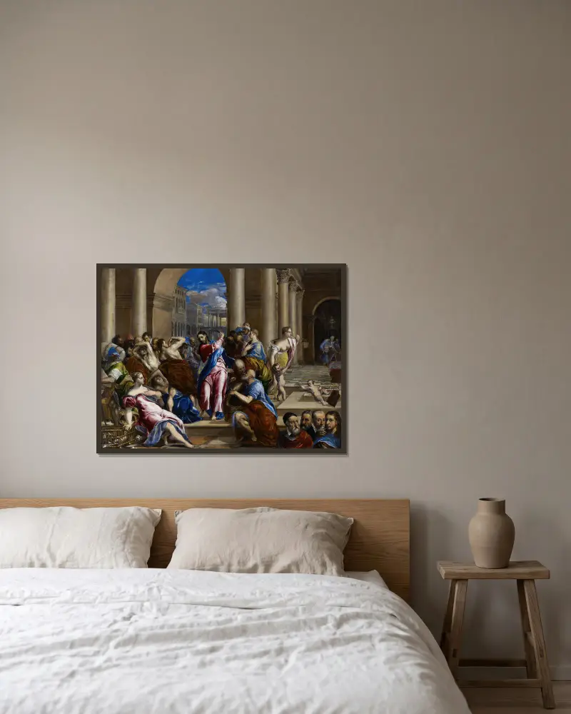 Kristus driver ut månglarna ur templet av El Greco (Domenikos Theotokopoulos) inramad på en vägg