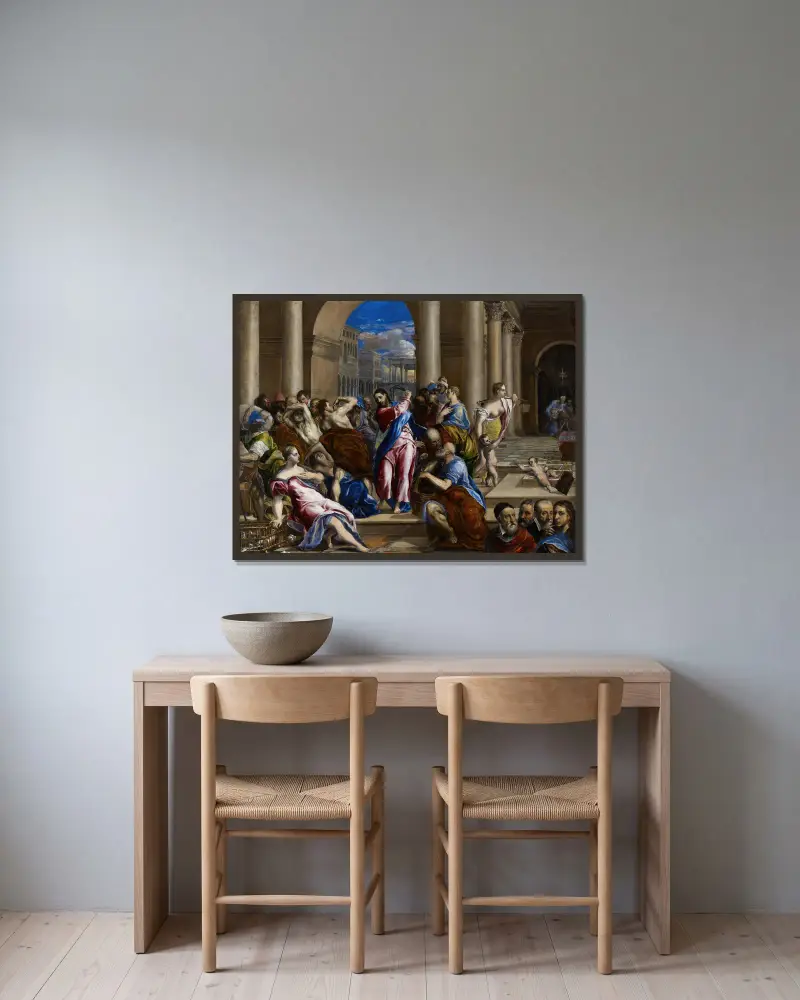 Kristus driver ut månglarna ur templet av El Greco (Domenikos Theotokopoulos) inramad på en vägg