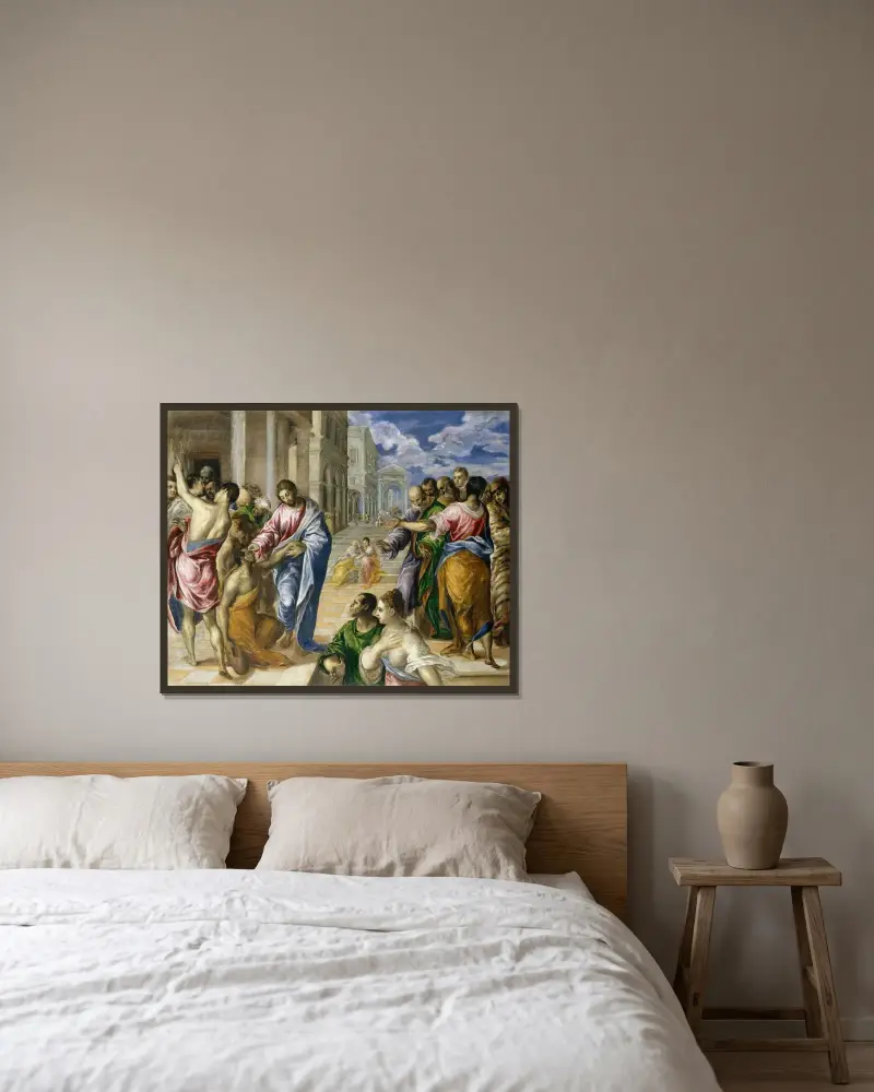 Kristus botar den blinde av El Greco (Domenikos Theotokopoulos) inramad på en vägg