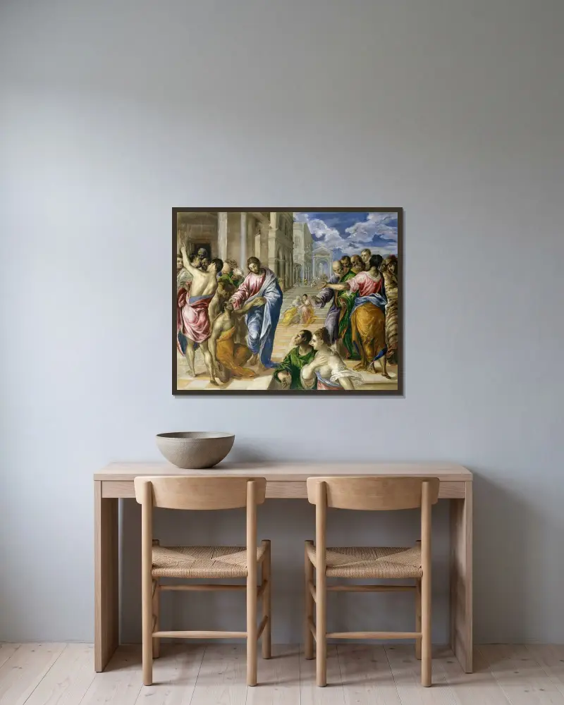 Kristus botar den blinde av El Greco (Domenikos Theotokopoulos) inramad på en vägg