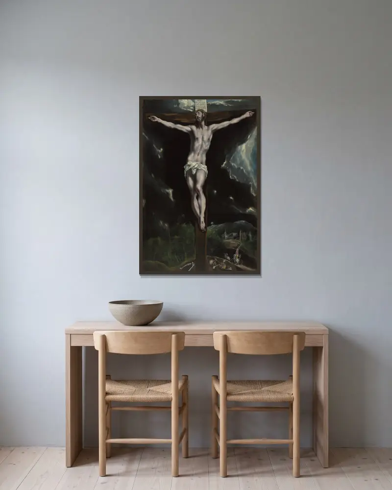 Kristus på korset av El Greco (Domenikos Theotokopoulos) inramad på en vägg
