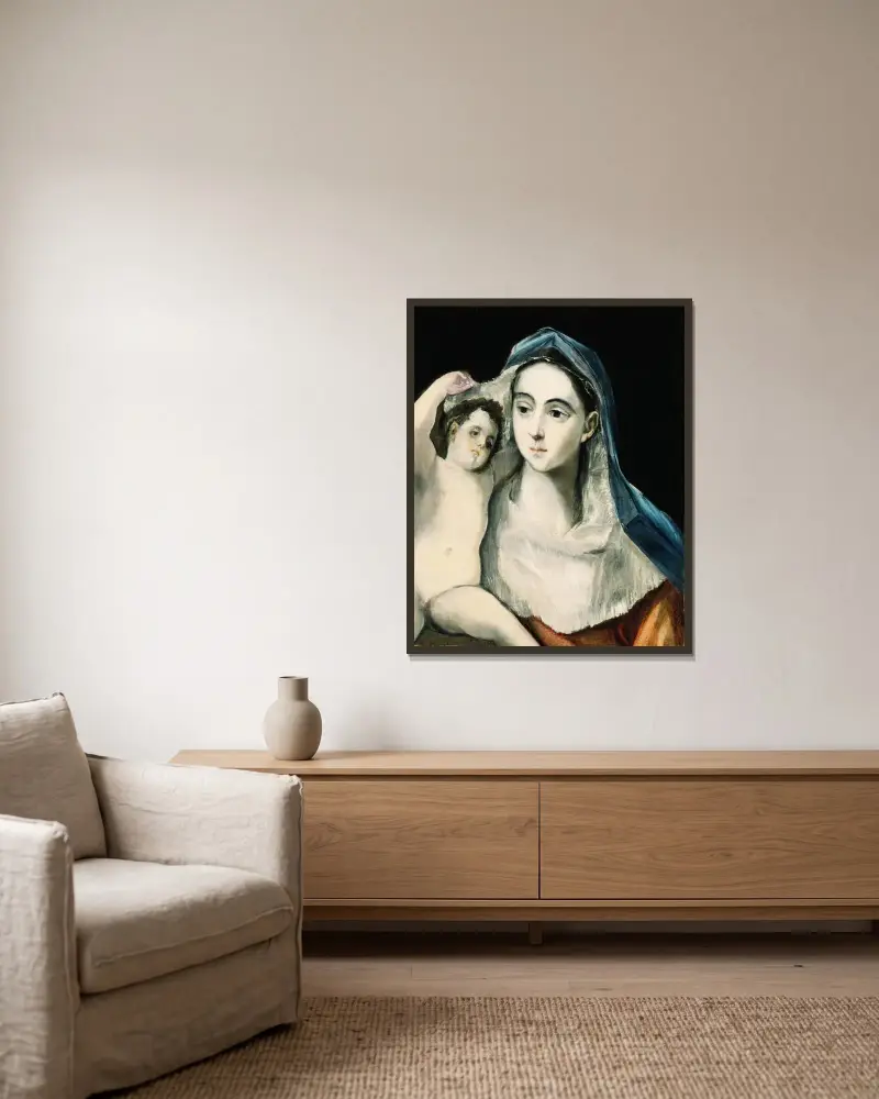 Madonnan med barnet av El Greco (Domenikos Theotokopoulos) inramad på en vägg