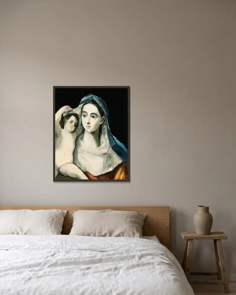 Madonnan med barnet av El Greco (Domenikos Theotokopoulos) inramad på en vägg